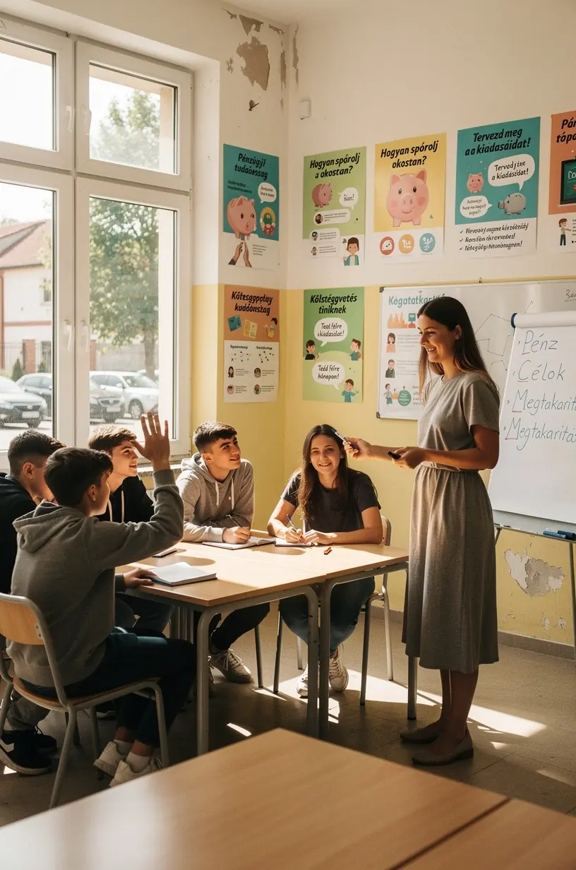 Tanár magyarázza a pénzügyi alapfogalmakat csoportos képzésen modern tanteremben.